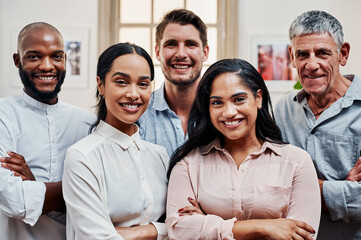 Fototapete - Business people, confident or portrait in leadership, teamwork or collaboration for global creative startup. Smile, arms crossed or diversity group for company about us, unity or inclusive solidarity