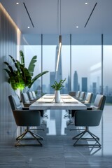 Wall Mural - A modern office with a large window overlooking the city. The room is filled with white furniture and has a minimalist design