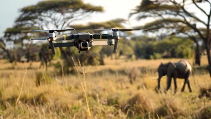 ai-powered drone with camera monitoring wildlife in a protected area. the technology helps track ani