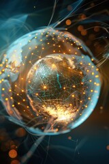Wall Mural - a glowing sphere with a network of lines surrounding it. the sphere is blue and orange. concept of t