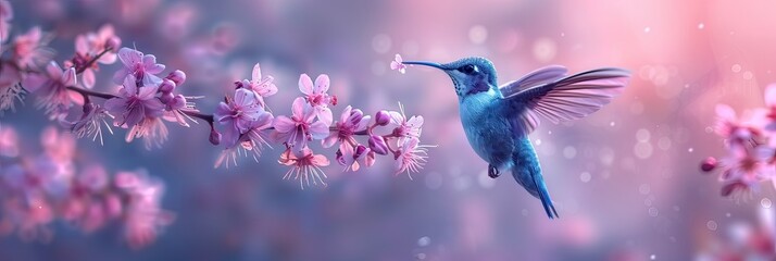 Wall Mural - A blue hummingbird perches on a cherry blossom branch