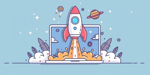 Wall Mural - Rocket Launching from Laptop in Cosmic Background created by ai