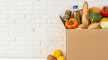 A cardboard box is overflowing with various groceries, including fresh produce, bread, and beverages, all against a backdrop of a white brick wall