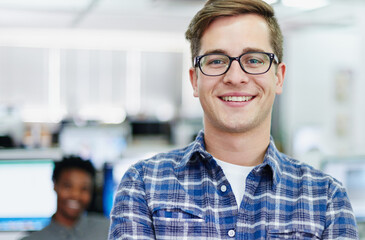 Fototapete - Confident, portrait or happy man in startup or office for project development, testing pc and company. Face, programmer and proud web designer with smile in creative agency or technology business
