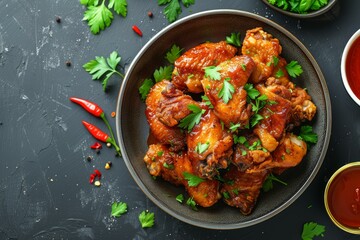 Sticker - Succulent chicken wings in a tangy glaze topped with fresh parsley on a dark background