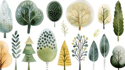 A painting of trees and leaves with a blue background. The trees are green and the leaves are also green