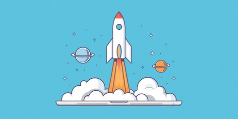 Wall Mural - Rocket Launching from Laptop in Cosmic Background created by ai