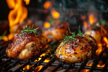 Sticker - Juicy chicken thighs seasoned with herbs on a flaming grill, with smoke rising