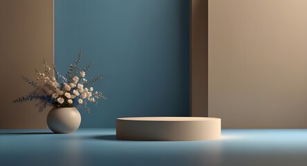 Sticker - 3D realistic abstract minimal scene blue product presentation pedestal in empty beige glowing podium with flowers studio room illustration