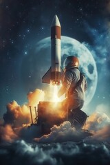Wall Mural - Rocket Launching from Laptop in Cosmic Background created by ai