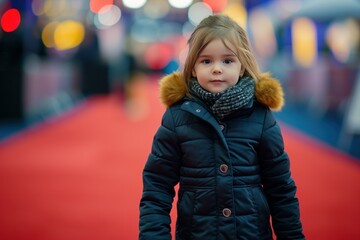 Wall Mural - Adorable young girl wearing a warm winter coat stands in front of a blurry city lights backdrop