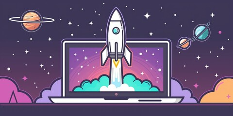 Wall Mural - Rocket Launching from Laptop in Cosmic Background created by ai