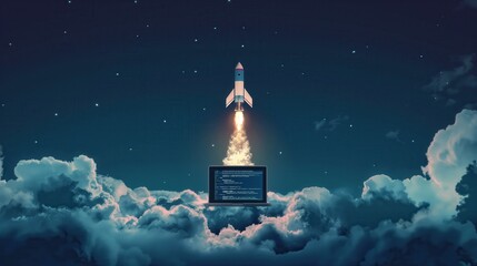 Wall Mural - Rocket Launching from Laptop in Cosmic Background created by ai