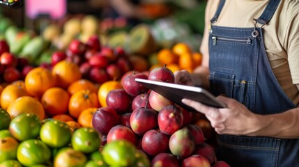 Nutrition professional using a digital tablet with a backdrop of stacked fresh fruits, highlighting healthy diets