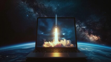 Wall Mural - Rocket Launching from Laptop in Cosmic Background created by ai
