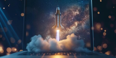 Wall Mural - Rocket Launching from Laptop in Cosmic Background created by ai