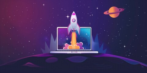Wall Mural - Rocket Launching from Laptop in Cosmic Background created by ai