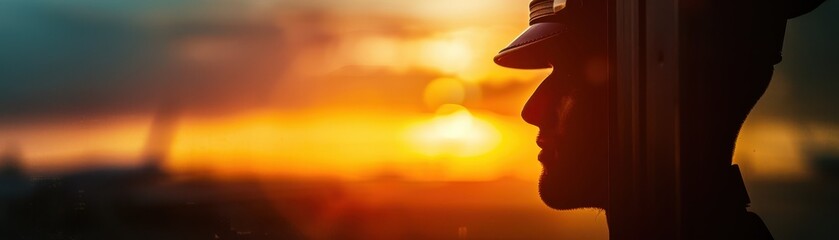 Poster - A man in a uniform stands in front of a window, looking out at the sunset. Concept of duty and responsibility, as the man is likely a police officer or a military personnel