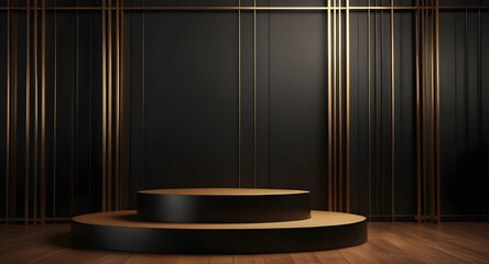 Wall Mural - Black podium with elegant golden lines with brown slatted backdrop for advertisement display. Display of cosmetic products. stage or podium