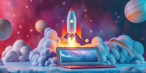 Wall Mural - Rocket Launching from Laptop in Cosmic Background created by ai