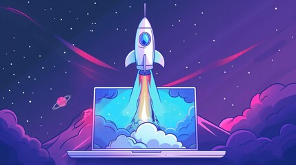 Wall Mural - Rocket Launching from Laptop in Cosmic Background created by ai