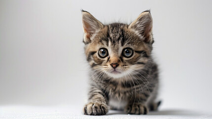 Wall Mural - A playful and innocent fluffy kitten, cute and adorable, against a white background.