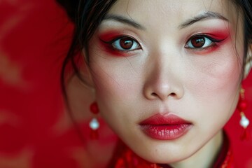 Poster - Closeup of a beautiful asian woman with vibrant red eye makeup and traditional earrings