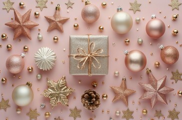 Canvas Print - Pink And Gold Christmas Decorations On Pink Background