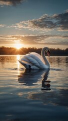 Poster - Serene Sunset Swan: A majestic swan glides gracefully across a tranquil lake, bathed in the golden hues of a breathtaking sunset. 