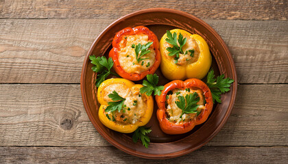 Wall Mural - Plate of stuffed bell peppers with fresh parsley on rustic table. Tasty dinner. Delicious food.