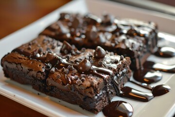 Sticker - Closeup of scrumptious chocolate brownies topped with chocolate chips and syrup on a white plate