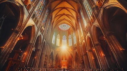 A church choir performing in a grand cathedral, the choir members in colorful robes, singing with joy and harmony,