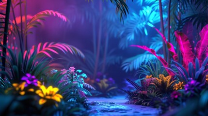 Poster - Tropical plants illuminated by neon lights, with bright, glowing colors and a surreal