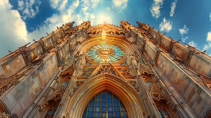 A panoramic view of a Gothic cathedral’s facade, capturing the full expanse of stained glass windows and towering spires, detailed carvings on the exterior walls,