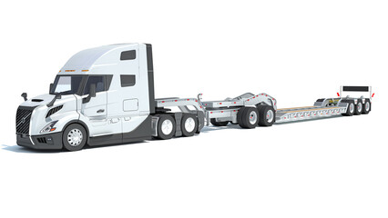 Sticker - Semi Truck with Lowboy Platform Trailer 3D rendering on white background