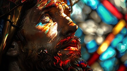 Close-up of a stained glass window depicting a biblical story, rich colors of red, blue, and gold, intricate details and patterns, sunlight illuminating the scene,