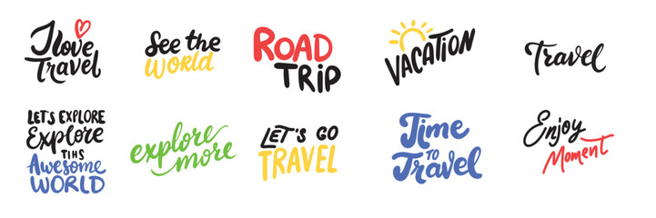 Sticker - Collection of travel phrases text lettering. Hand drawn vector art.