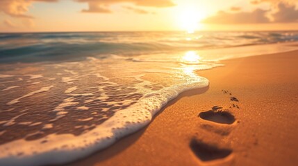 Poster - Peaceful beach at sunrise, with soft golden light illuminating the calm waters and the sandy shore