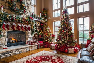 Poster - Warm festive living room with a lit fireplace, stockings, and a beautifully adorned christmas tree