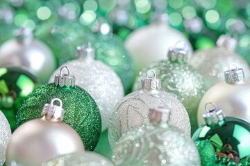 Sticker - Festive holiday background with green and white glittering christmas baubles