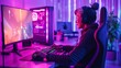© anantachat - BIPOC elderly couple playing video games with their grandchildren in a cozy gaming room at night significant empty space around the edges Stock Photo with copy space