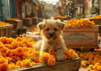 Poster - A small dog sitting in a basket of colorful flowers.