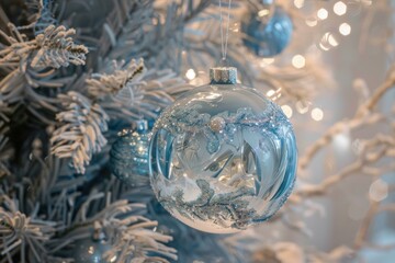 Wall Mural - Closeup view of a delicate glass christmas ornament among snowy branches