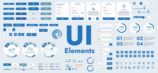 a set of vector buttons and user interface (GUI) elements designed for modern applications and websites. The collection includes buttons for navigation, menus, forms and control panels.