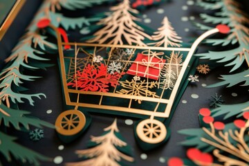 Poster - Closeup of an illustrated shopping cart with presents amid a decorative seasonal background