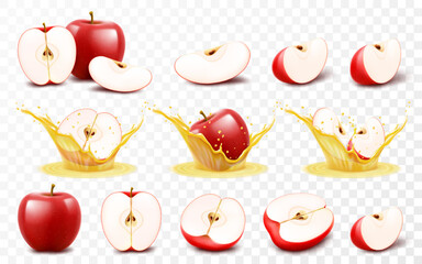 Wall Mural - set of red apple isolated on transparent background. whole, half and slices of red apple, apple in a