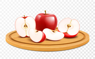 Wall Mural - ripe tasty juicy apples on a wooden tray. whole apple and pieces of red apples on cutting board. iso