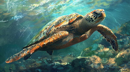 A majestic large golden sea turtle swimming in the ocean depths.