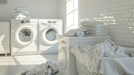 Laundry piled up near white washing machines in a modern laundry room