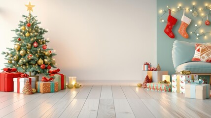 3D Christmas living room with stockings, tree, and presents, warm lighting, cozy and festive ambiance